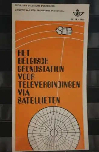 Belgien 1972; Ankündigungsblatt mit Schwarzdruck und Marke und ESST: Satelliten Bodenstation, Fläm. Ausg.