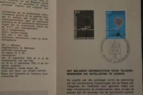 Belgien 1972; Ankündigungsblatt mit Schwarzdruck und Marke und ESST: Satelliten Bodenstation, Fläm. Ausg.