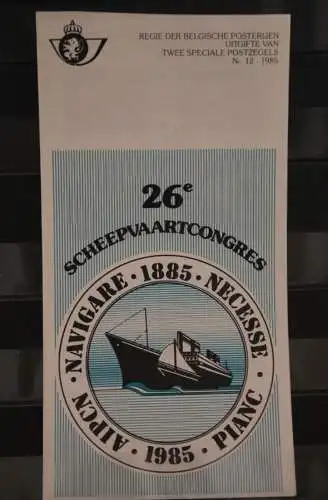 Belgien 1985; Ankündigungsblatt mit Schwarzdruck und Marke und ESST: 26. Scheepvaartcongres, Fläm. Ausg.