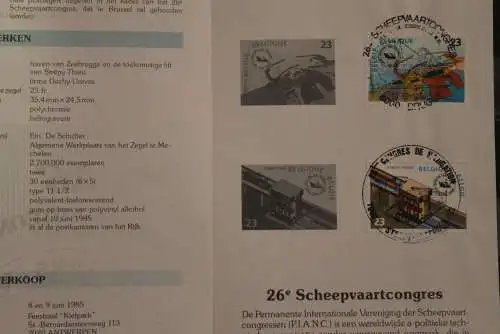 Belgien 1985; Ankündigungsblatt mit Schwarzdruck und Marke und ESST: 26. Scheepvaartcongres, Fläm. Ausg.