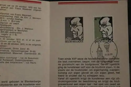 Belgien 1972; Ankündigungsblatt mit Schwarzdruck und Marke und ESST: Frans Masereel, Fläm. Ausg.