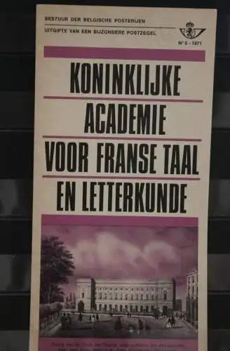 Belgien 1971; Ankündigungsblatt mit Schwarzdruck und Marke und ESST: Königliche Akademie, Fläm. Ausg.