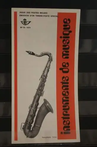 Belgien 1973; Ankündigungsblatt mit Schwarzdruck und Marke und ESST: Musikinstrumente, Franz. Ausg.