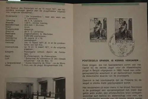 Belgien 1971; Ankündigungsblatt mit Schwarzdruck und Marke und ESST: Jugendphilatelie, Fläm. Ausg.