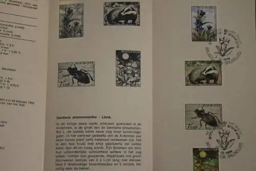 Belgien 1974; Ankündigungsblatt mit Schwarzdruck und Marke und ESST: Solidarität; Flora und Fauna, Fläm. Ausg.