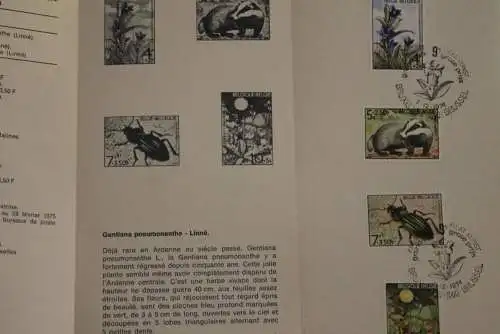 Belgien 1974; Ankündigungsblatt mit Schwarzdruck und Marke und ESST: Solidarität; Flora und Fauna, Franz. Ausg.