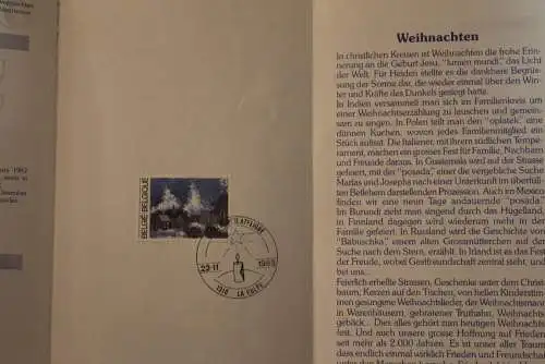 Belgien 1986; Ankündigungsblatt mit Schwarzdruck und Marke und ESST: Weihnachten, Deutsche  Ausg.