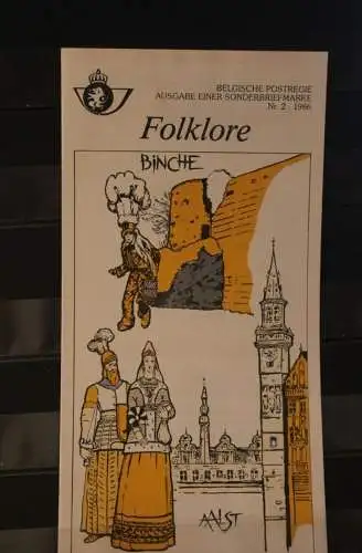 Belgien 1986; Ankündigungsblatt mit Schwarzdruck und Marke und ESST: Folklore, Karneval, Deutsche  Ausg.