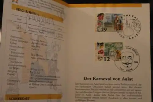 Belgien 1986; Ankündigungsblatt mit Schwarzdruck und Marke und ESST: Folklore, Karneval, Deutsche  Ausg.