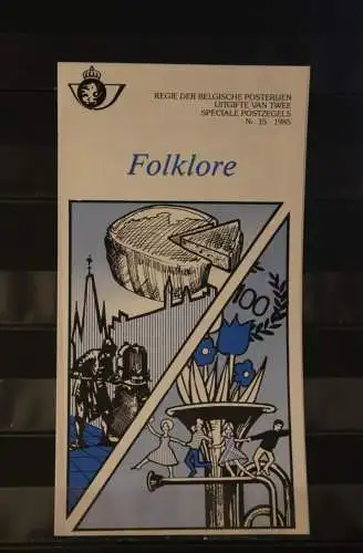 Belgien 1985; Ankündigungsblatt mit Schwarzdruck und Marke und ESST: Folklore, Fläm.  Ausg.