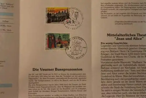 Belgien 1987; Ankündigungsblatt mit Schwarzdruck und Marke und ESST: Folklore, Deutsche  Ausg.