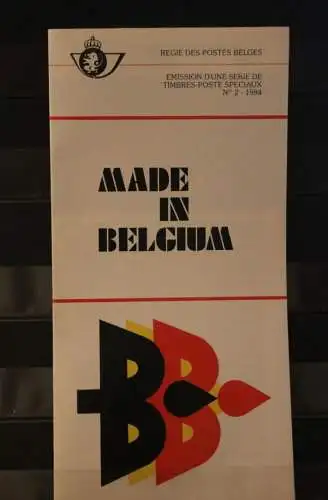 Belgien 1984; Ankündigungsblatt mit Schwarzdruck und Marke und ESST: Made in Belgium, Franz.  Ausg.