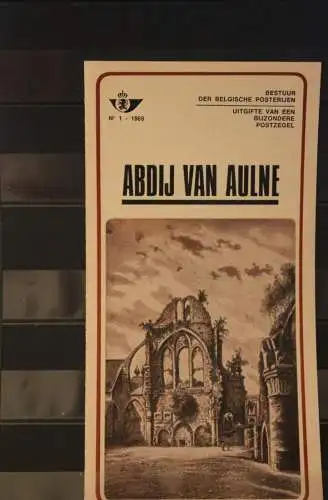 Belgien 1969; Ankündigungsblatt mit Schwarzdruck und Marke und ESST: Abtei von Aulne, Fläm.  Ausg.