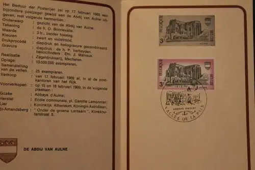 Belgien 1969; Ankündigungsblatt mit Schwarzdruck und Marke und ESST: Abtei von Aulne, Fläm.  Ausg.