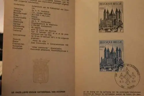 Belgien 1971; Ankündigungsblatt mit Schwarzdruck und Marke und ESST: Kathedrale von Doornik, Fläm.  Ausg.