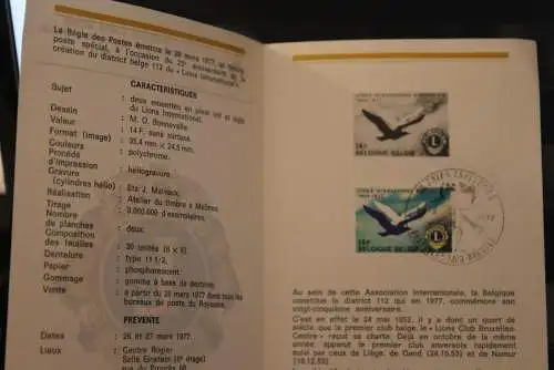 Belgien 1977; Ankündigungsblatt mit Schwarzdruck und Marke und ESST: Lions, Franz.  Ausg.