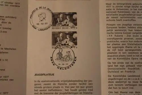 Belgien 1977; Ankündigungsblatt mit Schwarzdruck und Marke und ESST: Jugendphilatelie, Fläm.  Ausg.