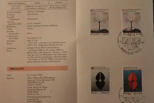 Belgien 1985; Ankündigungsblatt mit Schwarzdruck und Marke und ESST: Rotes Kreuz, Franz.  Ausg.