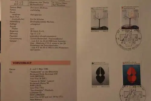 Belgien 1985; Ankündigungsblatt mit Schwarzdruck und Marke und ESST: Rotes Kreuz, Deutsche  Ausg.