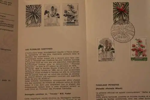 Belgien 1975; Ankündigungsblatt mit Schwarzdruck und Marke und ESST: Genter Floralien, Blumen, Franz. Ausg.