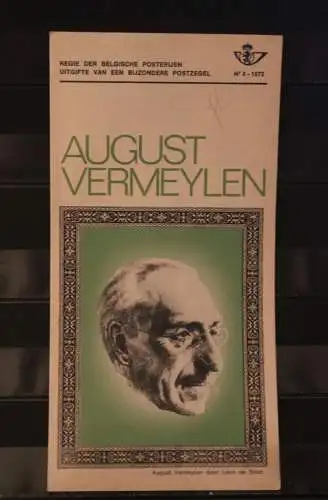 Belgien 1972; Ankündigungsblatt mit Schwarzdruck und Marke und ESST: August Vermeylen, Fläm. Ausg.