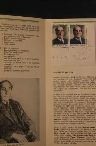 Belgien 1972; Ankündigungsblatt mit Schwarzdruck und Marke und ESST: August Vermeylen, Fläm. Ausg.
