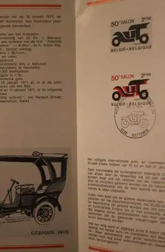 Belgien 1971; Ankündigungsblatt mit Schwarzdruck und Marke und ESST: Autosalon, Fläm. Ausg.