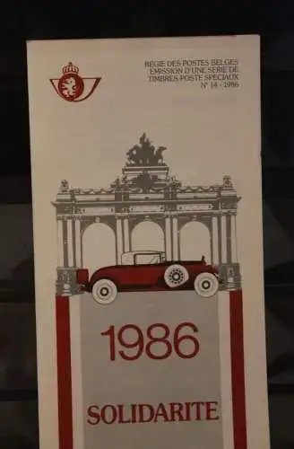 Belgien 1986; Ankündigungsblatt mit Schwarzdruck und Marke, ESST: Solidarität; Autos, Franz.  Ausg.