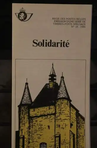 Belgien 1985; Ankündigungsblatt mit Schwarzdruck und Marke, ESST: Solidarität;  Franz.  Ausg.