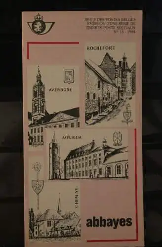 Belgien 1984; Ankündigungsblatt mit Schwarzdruck und Marke, ESST: Kirchen, Abbayes, Franz.  Ausg.