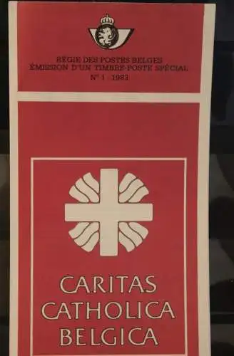 Belgien 1983; Ankündigungsblatt mit Schwarzdruck und Marke, ESST: Caritas, Franz.  Ausg.