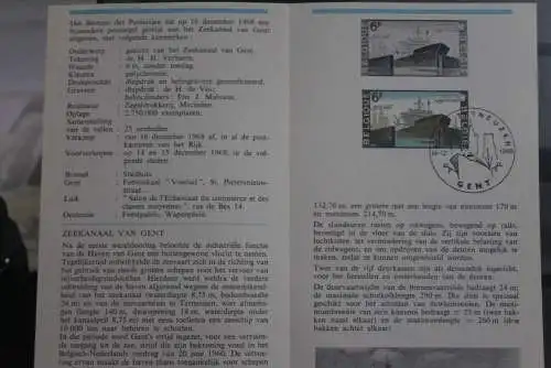 Belgien 1968; Ankündigungsblatt mit Schwarzdruck und Marke, ESST: Seekanal Gent, Schiffe, Fläm.  Ausg.