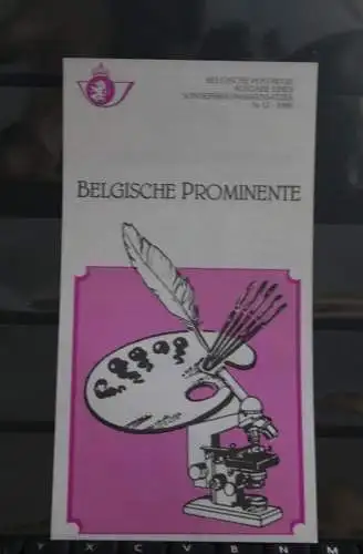 Belgien 1986; Ankündigungsblatt mit Schwarzdruck und Marke, ESST: Prominente Belgier, Deutsche  Ausg.