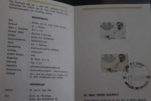 Belgien 1981; Ankündigungsblatt mit Schwarzdruck und Marke, ESST: Dr. med. Ovide Decroly, Deutsche  Ausg.