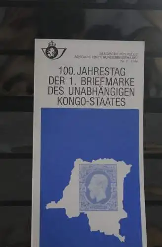 Belgien 1986; Ankündigungsblatt mit Schwarzdruck und Marke, ESST: Kongo-Briefmarke, Deutsche  Ausg.