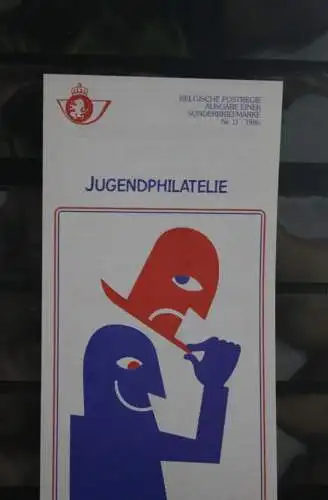 Belgien 1986; Ankündigungsblatt mit Marke, ESST: Jugendphilatelie, Deutsche  Ausg.