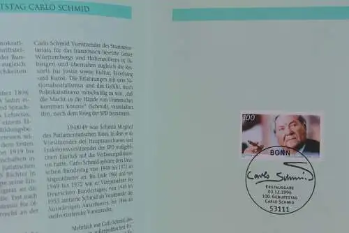 Deutschland 1996; Jahressammlung-ETB der Deutsche POST: Carlo Schmid  MiNr. 1894, bitte lesen