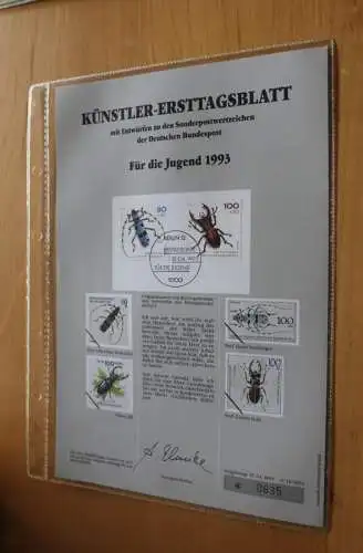 Deutschland, Künstler-Ersttagsblatt 1993: Für die Jugend: Gefährdete Käfer, Insekten,  MiNr. 1666-70