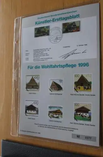Deutschland, Künstler-Ersttagsblatt 1996: Für die Wohlfahrtspflege: Bauernhäuser (II); MiNr 1883-87
