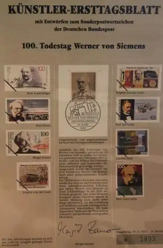 Deutschland, Künstler-Ersttagsblatt 1992: Werner von Siemens; MiNr 1642