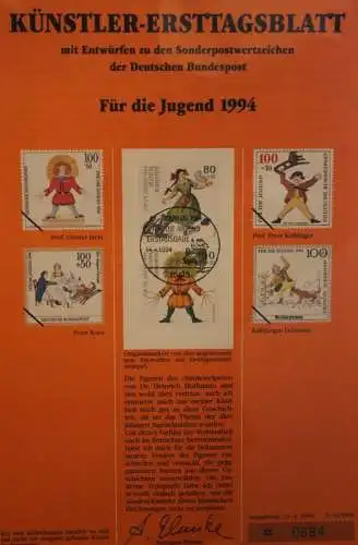 Deutschland, Künstler-Ersttagsblatt 1994: Für die Jugend: Struwwelpeter,  MiNr 1726-30
