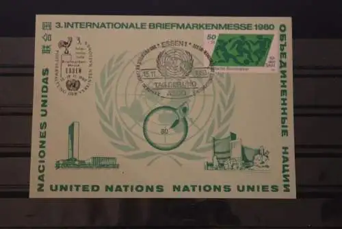 UNO Wien 1980; Grüne Karte, Ausstellungskarte Intern. Briefmarken-Messe ESSEN; Tag der UNO