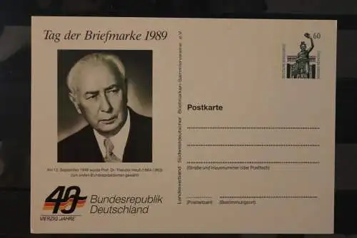 Deutschland 1989, Karte Ganzsache "Tag der Briefmarke 1989", Wertstempel 60 Pf. Bavaria München, MNH