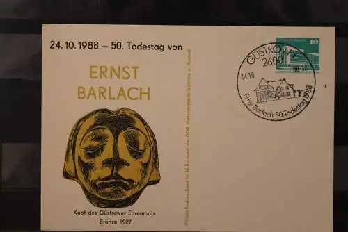 DDR 1988; Ganzsache mit Zudruck: Ernst Barlach, SST Güstrow, handabgeschlagen