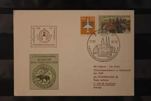 DDR 1986; Ganzsache P 94; 9. Briefmarkenausstellung der Jugend 1986, Zudruck STOCKHOLMIA 86, mit Stempel Stockholm