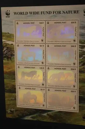 Mongolei, Hologramm Kleinbogen WWF, Pferde, 2 x 4 verschiedene Motive, MNH