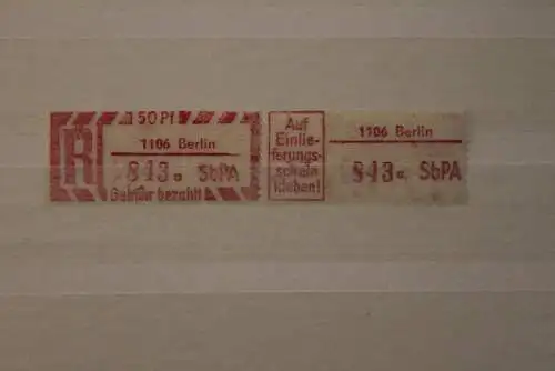 Einschreibe-Gebührenzettel, Einschreibemarken 1968; 2C; a, 1106 Berlin,*Z