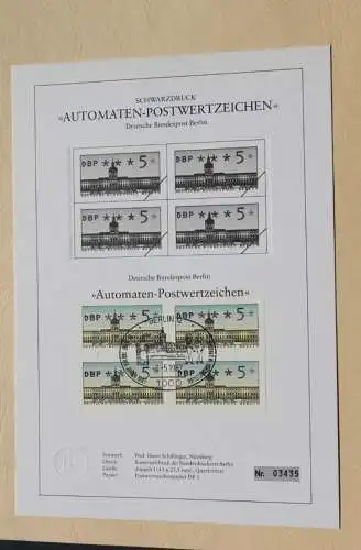 Berlin 1987, ATM, Automatenmarken; Versandstellen-Satz VS2 auf Schwarzdruckblatt, 4.5.87, MiNr 1, Ersttag, 5 Werte