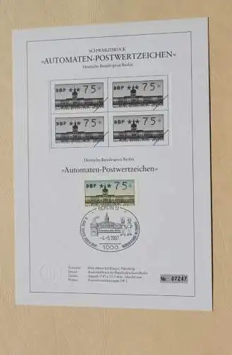 Berlin 1987, ATM, Automatenmarken; Versandstellen-Satz VS2 auf Schwarzdruckblatt, 4.5.87, MiNr 1, Ersttag, 5 Werte