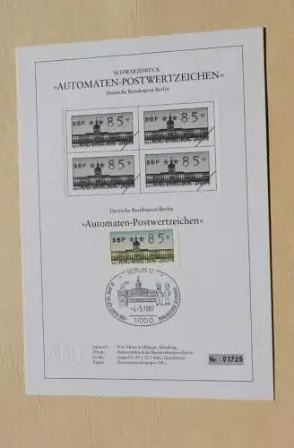 Berlin 1987, ATM, Automatenmarken; Versandstellen-Satz VS2 auf Schwarzdruckblatt, 4.5.87, MiNr 1, Ersttag, 5 Werte